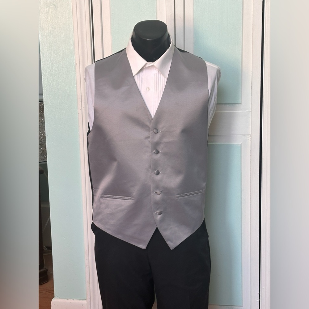 Silver Steel Satin Closed Back Vest Wedding Prom Tuxedo Men’s S Small